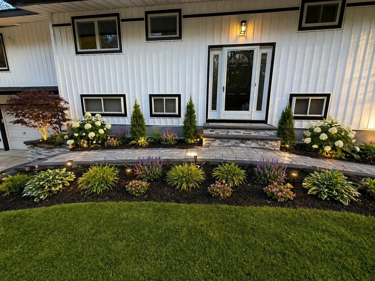 Front entrance with fresh planting beds and landscape lighting on a Long Island home
